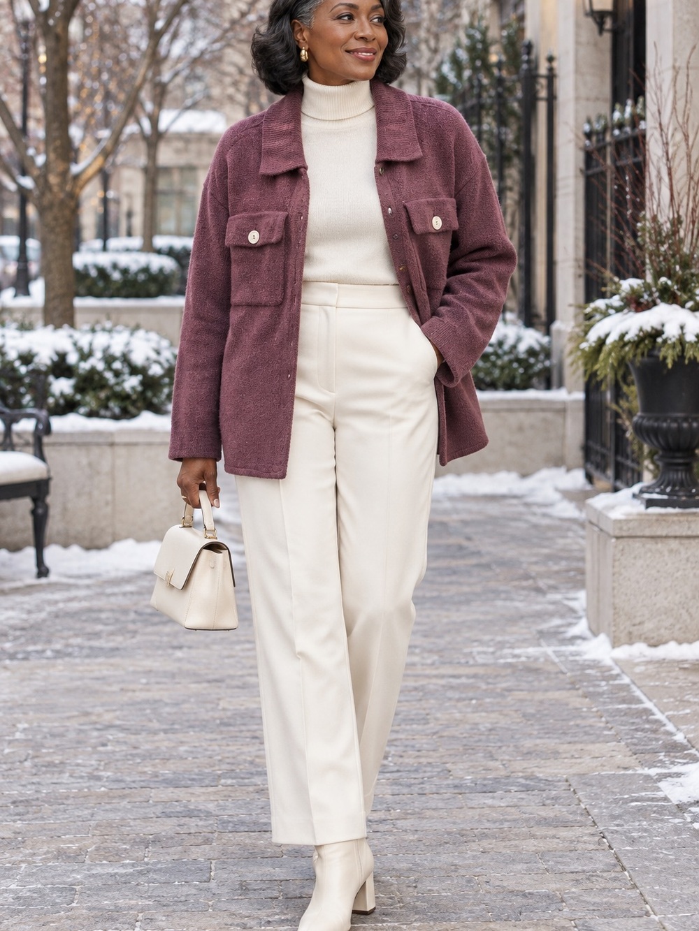 Pink Rose Cream High-Rise Wide-Leg Trousers